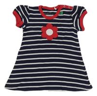 Tmavomodro-bílé pruhované šaty s květinou 