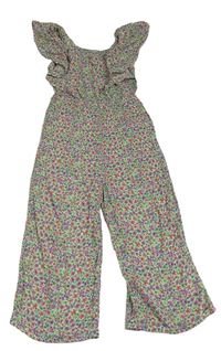 Bílo-fialovo-zelený květovaný kalhotový culottes overal Primark