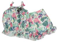 2set - Bílo-zelený květovaný crop top s listy + kraťasy George