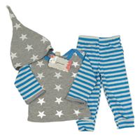 2set - Šedo-bílo-modré pyžamo s pruhy a hvězdami + čepice s hvězdami 