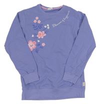 Lila mikina s květy a nápisem 