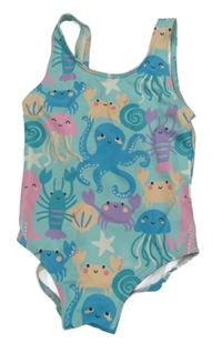 Tyrkysové jednodílné plavky s podmořskými zvířátky F&F