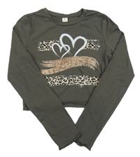 Antracitové crop triko s pruhy a srdcem Shein