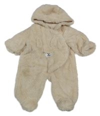 Béžová kožešinová podšitá kombinéza s čumákem a kapucí 