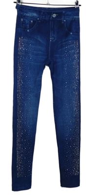 Dámské tmavomodré legíny riflového vzhledu s kamínky 