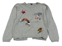 Světlešedý svetr s obrázky z flitrů kiabi