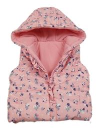 Světlerůžová květinová šusťáková zateplená vesta s kapucí George