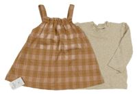 Nové - 2set- růžovo-béžová kostkovaná sukně s kšandami+ béžové triko Nutmeg