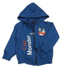 Tmavomodrá propínací mikina s nápisem a kapucí 