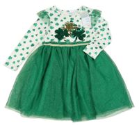 Bílo-zelené bavlněno/tylové šaty s flitry a čtyřlístky Primark