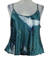 Dámský tmavozelený saténový top s ptáky 