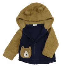 Tmavomodro-béžová teplákovo/huňatá bunda s medvídkem a kapucí Next