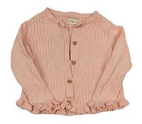 Světlerůžový žebrovaný propínací svetr s volánky F&F