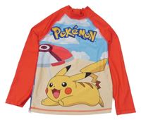 Červeno-modro-béžové UV triko s Pikachu 