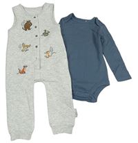 2set - Šedý teplákový overal s Gruffalem + modrošedé žebrované body Tu