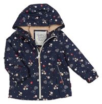 Tmavomodrá šusťáková zimní bunda s kytičkami a kapucí C&A