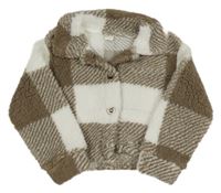 Hnědo-bílá kostkovaná huňatá bunda Shein