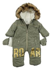 Khaki šusťáková zimní kombinéza s kapucí + rukavice River Island