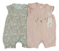 Nové - 2x - Tyrkysový kytičkovaný + světlerůžový kraťasový overal s kočkou