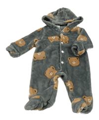 Šedá chlupatá kombinéza s medvídky a kapucí 