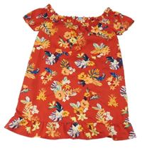 Červené kytičkované šaty s lodičkovým výstřihem Primark 