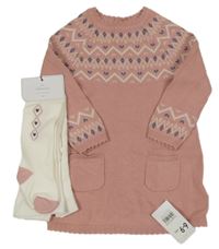 Nové - Růžové úpletové šaty se vzorem + bílé punčocháče Mothercare