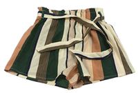 Smetanovo-smaragdovo-starorůžové pruhované paper bag kraťasy s páskem SHEIN