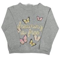 Šedý melírovaný svetr s motýlky a nápisy H&M