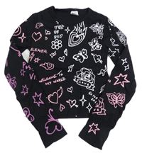 Černé žebrované crop triko s obrázky ZARA