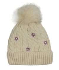 Smetanová vzorovaná pletená čepice s květy a bambulí C&A