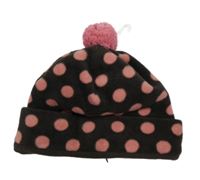 Nové - tmavohnědo-růžová puntíkatá fleecová čepice s bambulí GAP