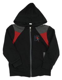 Černo-červeno-šedá propínací mikina se sportovcem a kapucí