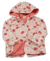 Světlerůžová šusťáková zateplená parka s vlčími máky a kapucí F&F