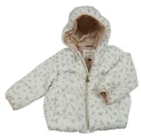 Bílá prošívaná šusťáková zimní bunda s kytičkami a volánky a kapucí C&A