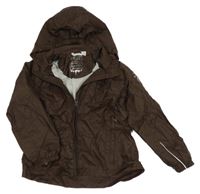 Tmavohnědá šusťáková jarní bunda s hvězdičkami a srdíčkem a ukrývací kapucí C&A