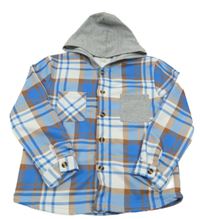 Modro-bílo-hnědá kostkovaná košilová bunda s kapucí 
