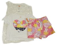 Nové - 2Set - Bílé melírované crop tričko se srdíčkem a flitry + růžové chino teplákové kraťasy s lístečky SOULCAL&CO