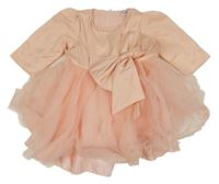 Broskvovo-světlerůžové saténovo/tylové slavnostní šaty s mašlí a perlami