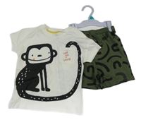 Nové - 2Set - Khaki-černé vzorované teplákové kraťasy + bílé tričko s opičkou F&F