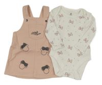 2Set - Světlerůžové riflové laclové šaty s Minnie a kapsou + bílé puntíkaté body s mašlemi Disney