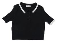 Černo-bílé žebrované úpletové polo crop tričko SHEIN