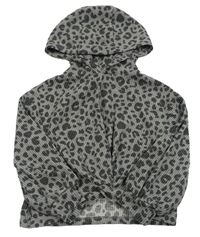 Šedá žebrovaná úpletová crop mikina s leopardím vzorem a kapucí Nutmeg
