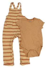 2set - Meruňkovo-vínové pruhované žebrované laclové tepláky + světlehnědé body