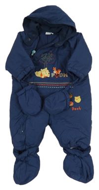 Tmavomodrá šusťáková zateplená kombinéza s Púem a kapucí + rukavice + capáčky Disney