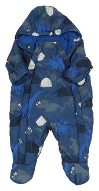 Tmavomodrá šusťáková zateplená kombinéza s dinosaury a kapucí M&S