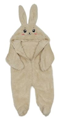 Béžová chlupatá kombinéza s kapucí s oušky - králík