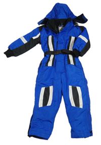 Modro-černo-bílá šusťáková zimní kombinéza s páskem a kapucí