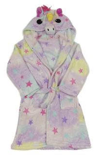 Lila-barevný chlupatý župan s hvězdami a kapucí - jednorožec