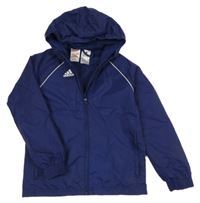 Tmavomodrá šusťáková sportovní bunda s logem a kapucí Adidas