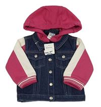 Nové - Tmavomodro-fuchsiovo-bílá riflovo/tepláková podšitá bunda s kapucí